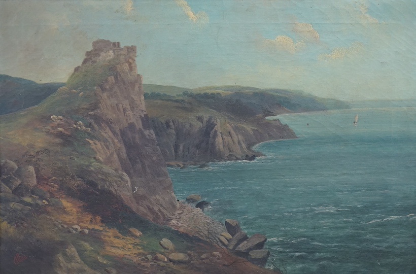 Allan, oil on canvas, Rocky coastal view, signed, 39 x 59cm, ornate gilt framed. Condition - fair, in need of a clean